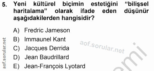 5. soru: Yeni kültürel biçimin estetiğini "bilişsel haritalama" olarak ifade eden düşünür aşağıdakilerden hangisidir? A) Fredr…