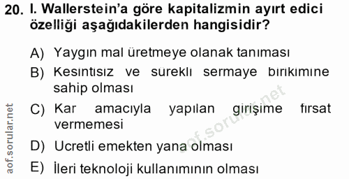 20. soru: I. Wallerstein'a göre kapitalizmin ayırt edici özelliği aşağıdakilerden hangisidir? A) Yaygın mal üretmeye olanak tan…