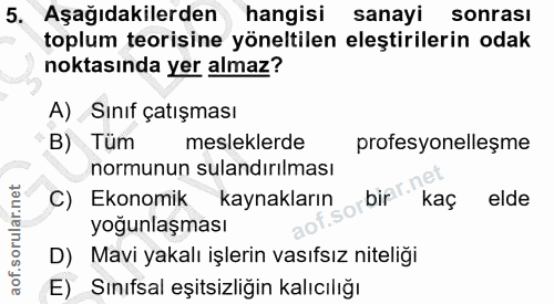 5. soru: Aşağıdakilerden hangisi sanayi sonrası toplum teorisine yöneltilen eleştirilerin odak noktasında yer almaz? A) Sınıf…