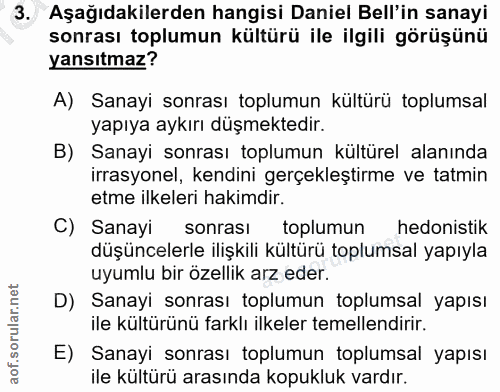 3. soru: Aşağıdakilerden hangisi Daniel Bell'in sanayi sonrası toplumun kültürü ile ilgili görüşünü yansıtmaz? A) Sanayi sonra…