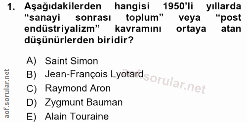 1. soru: Aşağıdakilerden hangisi 1950'li yıllarda "sanayi sonrasi toplum" veya "post endüstriyalizm" kavramını ortaya atan düş…