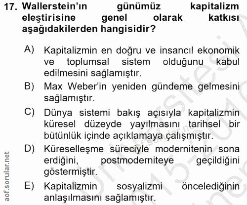 17. soru: Wallerstein'ın günümüz kapitalizm eleştirisine genel olarak katkısı aşağıdakilerden hangisidir? A) Kapitalizmin en do…