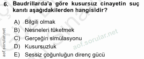 6. soru: Baudrillarda'a göre kusursuz cinayetin suç kanıtı aşağıdakilerden hangisidir? A) Bilgili olmak B) Nesneleri tüketmek…