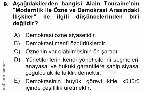 9. soru: Aşağıdakilerden hangisi Alain Touraine'nin "Modernlik ile Özne ve Demokrasi Arasındaki İlişkiler" ile ilgili düşüncel…
