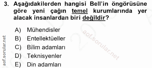 3. soru: Aşağıdakilerden hangisi Bell'in öngörüsüne göre yeni çağın temel kurumlarında yer alacak insanlardan biri değildir? A…