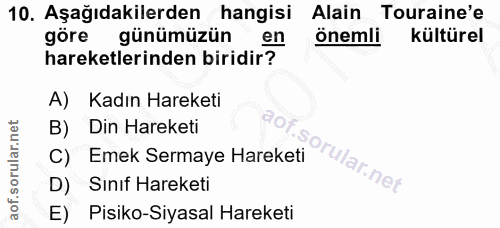 10. soru: Aşağıdakilerden hangisi Alain Touraine'e göre günümüzün en önemli kültürel hareketlerinden biridir? A) Kadın Hareketi…