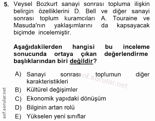 5. soru: Veysel Bozkurt sanayi sonrası topluma ilişkin belirgin özelliklerini D. Bell ve diğer sanayi sonrası toplum kuramcıla…