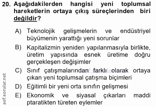 20. soru: Aşağıdakilerden hangisi yeni toplumsal hareketlerin ortaya çıkış süreçlerinden biri değildir? A) Teknolojik gelişmele…