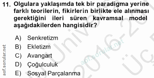 11. soru: Olgulara yaklaşımda tek bir paradigma yerine farklı teorilerin, fikirlerin birlikte ele alınması gerektiğini ileri sü…