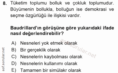 8. soru: Tüketim toplumu bolluk ve çokluk toplumudur. Büyümenin bollukla, bolluğun ise demokrasi ve seçme özgürlüğü ile ilişki…