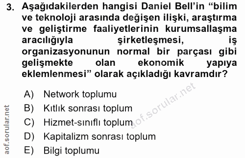 3. soru: Aşağıdakilerden hangisi Daniel Bell'in "bilim ve teknoloji arasında değişen ilişki, araştırma ve geliştirme faaliyetl…
