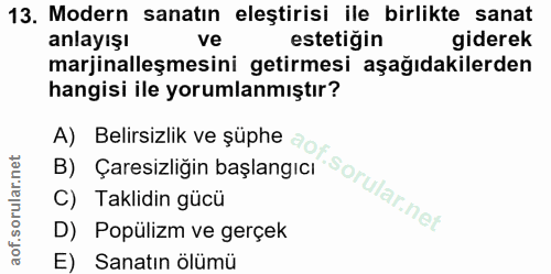 13. soru: Modern sanatın eleştirisi ile birlikte sanat anlayışı ve estetiğin giderek marjinalleşmesini getirmesi aşağıdakilerde…