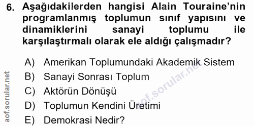 6. soru: Aşağıdakilerden hangisi Alain Touraine'nin programlanmış toplumun sınıf yapısını ve dinamiklerini sanayi toplumu ile…