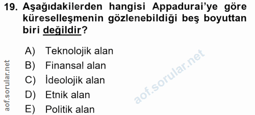 19. soru: Aşağıdakilerden hangisi Appadurai'ye göre küreselleşmenin gözlenebildiği beş boyuttan biri değildir? A) Teknolojik al…