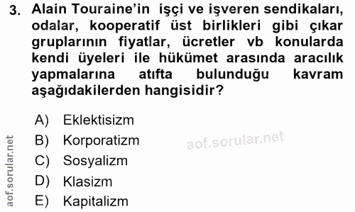 3. soru: Alain Touraine'in işçi ve işveren sendikaları, odalar, kooperatif üst birlikleri gibi çıkar gruplarının fiyatlar, ücr…