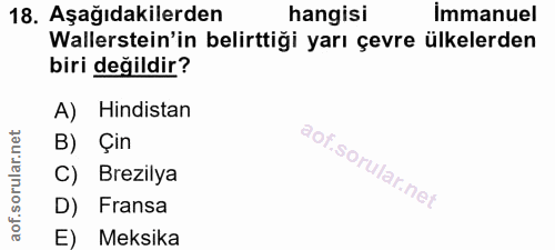 18. soru: Aşağıdakilerden hangisi immanuel Wallerstein'in belirttiği yarı çevre ülkelerden biri değildir? A) Hindistan B) Çin C…