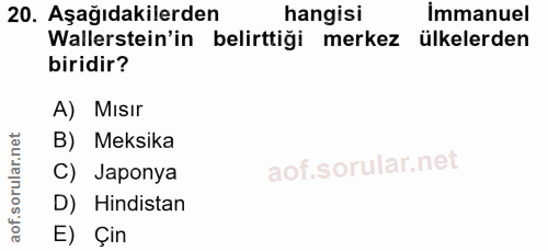 20. soru: Aşağıdakilerden hangisi immanuel Wallerstein'in belirttiği merkez ülkelerden biridir? A) Mısır B) Meksika C) Japonya…