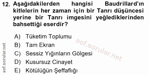 12. soru: Aşağıdakilerden hangisi Baudrillard'ın kitlelerin her zaman için bir Tanrı düşüncesi yerine bir Tanrı imgesini yeğled…