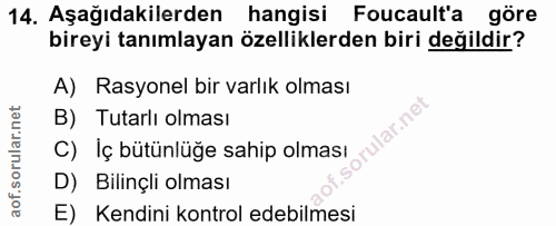 14. soru: Aşağıdakilerden hangisi Foucault'a göre bireyi tanımlayan özelliklerden biri değildir? A) Rasyonel bir varlık olması…