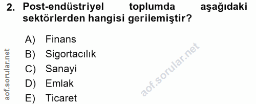 2. soru: Post-endüstriyel toplumda aşağıdaki sektörlerden hangisi gerilemiştir? A) Finans B) Sigortacılık C) Sanayi D) Emlak E…