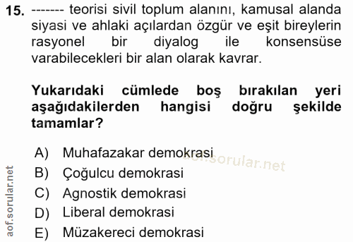 15. soru: - teorisi sivil toplum alanını, kamusal alanda siyasi ve ahlaki açılardan özgür ve eşit bireylerin rasyonel bir diyal…