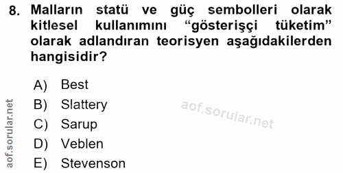 8. soru: Malların statü ve güç sembolleri olarak kitlesel kullanımını "gösterişçi tüketim" olarak adlandıran teorisyen aşağıda…