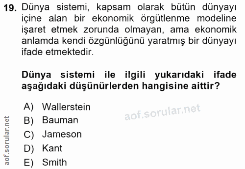 19. soru: Dünya sistemi, kapsam olarak bütün dünyayı içine alan bir ekonomik orgutlenme modeline işaret etmek zorunda olmayan,…