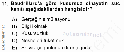 11. soru: Baudrillard'a göre kusursuz cinayetin suç kanıtı aşağıdakilerden hangisidir? A) Gerçeğin simülasyonu B) Bilgili olmak…