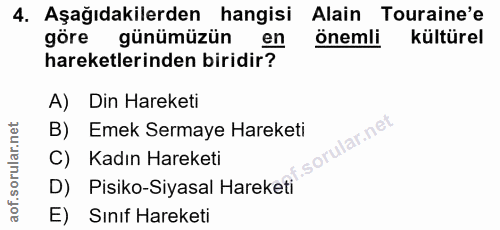 4. soru: Aşağıdakilerden hangisi Alain Touraine'e göre günümüzün en önemli kültürel hareketlerinden biridir? A) Din Hareketi B…