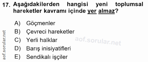 17. soru: Aşağıdakilerden hangisi yeni toplumsal hareketler kavramı içinde yer almaz? A) Göçmenler B) Çevreci hareketler C) Yer…