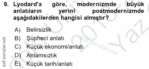 9. soru: Lyodard'a göre, modernizmde büyük anlatıların yerini postmodernizmde aşağıdakilerden hangisi almıştır? A) Belirsizlik…