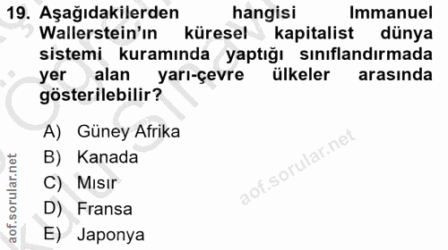 19. soru: Aşağıdakilerden hangisi Immanuel Wallerstein'ın küresel kapitalist dünya sistemi kuramında yaptığı sınıflandırmada ye…