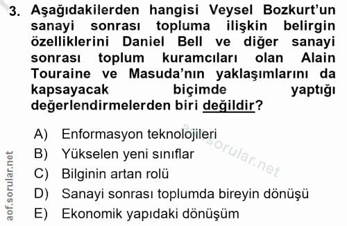 3. soru: Aşağıdakilerden hangisi Veysel Bozkurt'un sanayi sonrası topluma ilişkin belirgin özelliklerini Daniel Bell ve diğer…