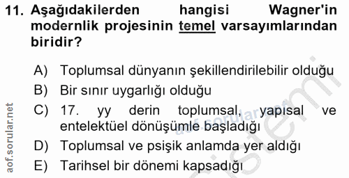 11. soru: Aşağıdakilerden hangisi Wagner'in modernlik projesinin temel varsayımlarından biridir? A) Toplumsal dünyanın şekillen…