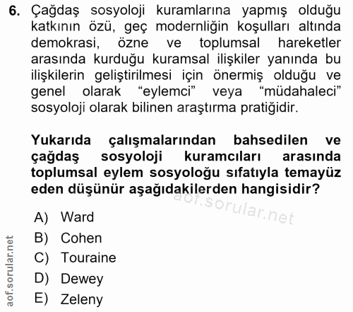 6. soru: Çağdaş sosyoloji kuramlarına yapmış olduğu katkının özü, geç modernliğin koşulları altında demokrası, özne ve toplums…