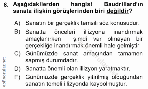 8. soru: Aşağıdakilerden hangisi Baudrillard'ın sanata ilişkin görüşlerinden biri değildir? A) Sanatın bir gerçeklik temsili s…