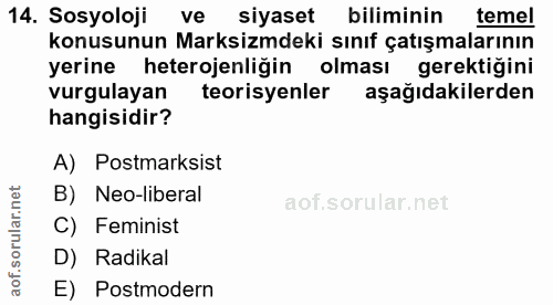 14. soru: Sosyoloji ve siyaset biliminin temel konusunun Marksizmdeki sınıf çatışmalarının yerine heterojenliğin olması gerekti…