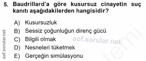 5. soru: Baudrillard'a göre kusursuz cinayetin suç kanıtı aşağıdakilerden hangisidir? A) Kusursuzluk B) Sessiz çoğunluğun dire…