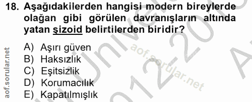 18. soru: Aşağıdakilerden hangisi modern bireylerde olağan gibi görülen davranışların altında yatan şizoid belirtilerden biridi…