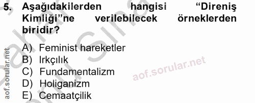 5. soru: Aşağıdakilerden hangisi "Direniş Kimliği"ne verilebilecek örneklerden biridir? A) Feminist hareketler B) Irkçılık C)…