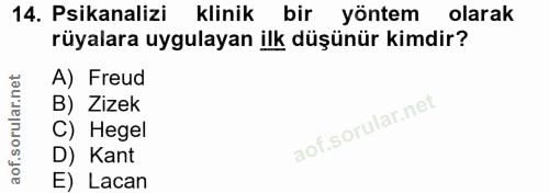 14. soru: Psikanalizi klinik bir yöntem olarak rüyalara uygulayan ilk düşünür kimdir? A) Freud B) Zizek C) Hegel D) Kant E) Lacan