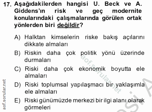 17. soru: Aşağıdakilerden hangisi U. Beck ve A. Gidens'ın risk ve geç modernite konularındaki çalışmalarında görülen ortak yönl…