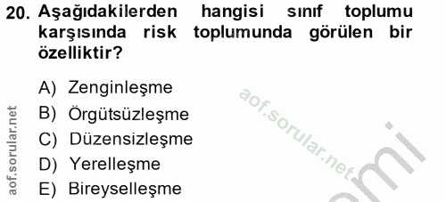 20. soru: Aşağıdakilerden hangisi sınıf toplumu karşısında risk toplumunda görülen bir özelliktir? A) Zenginleşme B) Örgütsüzle…