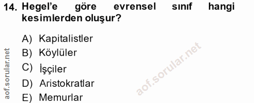 14. soru: Hegel'e göre evrensel sinıf hangi kesimlerden oluşur? A) Kapitalistler B) Köylüler C) İşçiler D) Aristokratlar E) Mem…