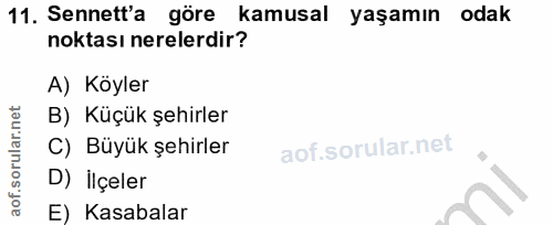 11. soru: Sennett'a göre kamusal yaşamın odak noktası nerelerdir? A) Köyler B) Küçük şehirler C) Büyük şehirler D) İlçeler E) K…