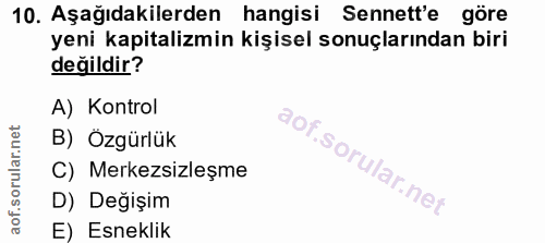 10. soru: Aşağıdakilerden hangisi Senett'e göre yeni kapitalizmin kişisel sonuçlarından biri değildir? A) Kontrol B) Özgürlük C…