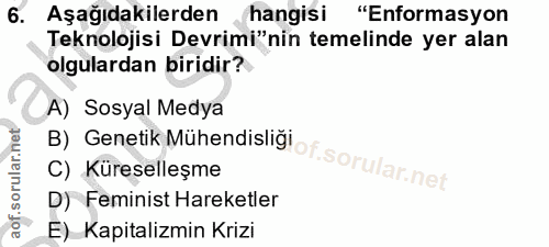 6. soru: Aşağıdakilerden hangisi "Enformasyon Teknolojisi Devrimi"nin temelinde yer alan olgulardan biridir? A) Sosyal Medya C…