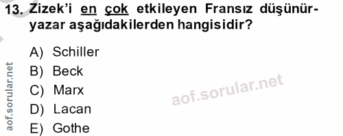 13. soru: Zizek'i en çok etkileyen Fransız düşünür- yazar aşağıdakilerden hangisidir? A) Schiller B) Beck C) Marx D) Lacan E) G…