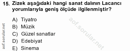 15. soru: Zizek aşağıdaki hangi sanat dalının Lacancı yorumlarıyla geniş ölçüde ilgilenmiştir? A) Tiyatro B) Müzik C) Güzel san…
