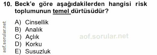 10. soru: Beck'e göre aşağıdakilerden hangisi risk toplumunun temel dürtüsüdür? A) Cinsellik orular.net B) Analık C) Açlık aof.…